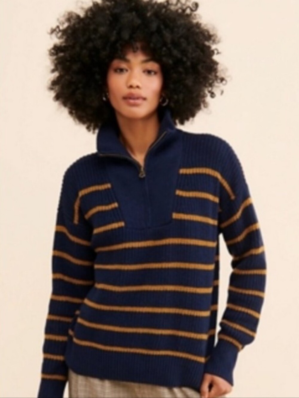Faherty Navy And Tan Stripe Half-Zip Ribbed Sweater - Women